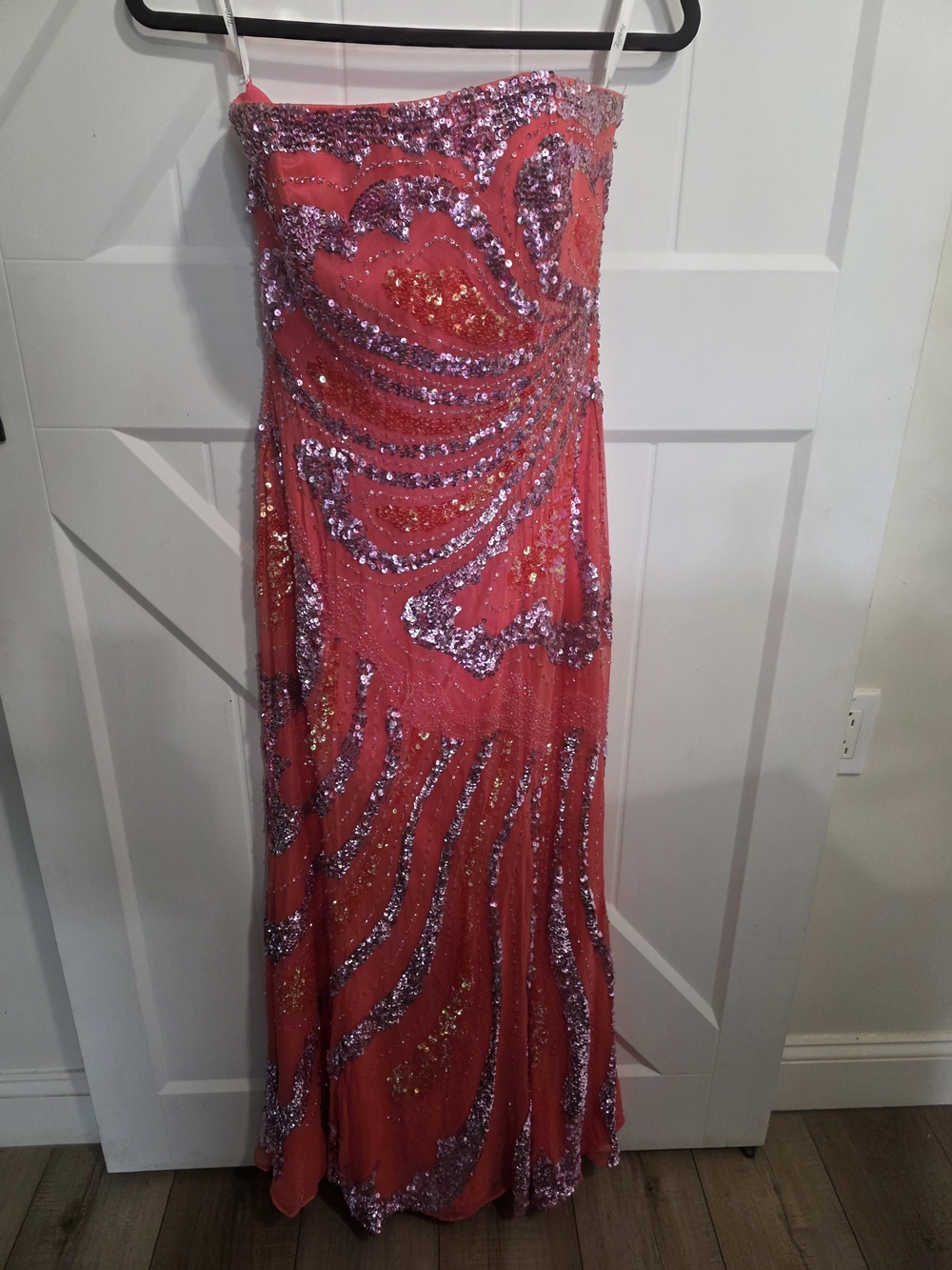 Tiffany Designs Coral Pink Sequin Strapless Prom Dress